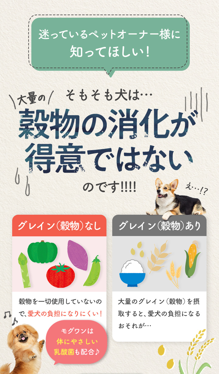 そもそも犬は・・・大量の穀物の消化が得意ではないのです！