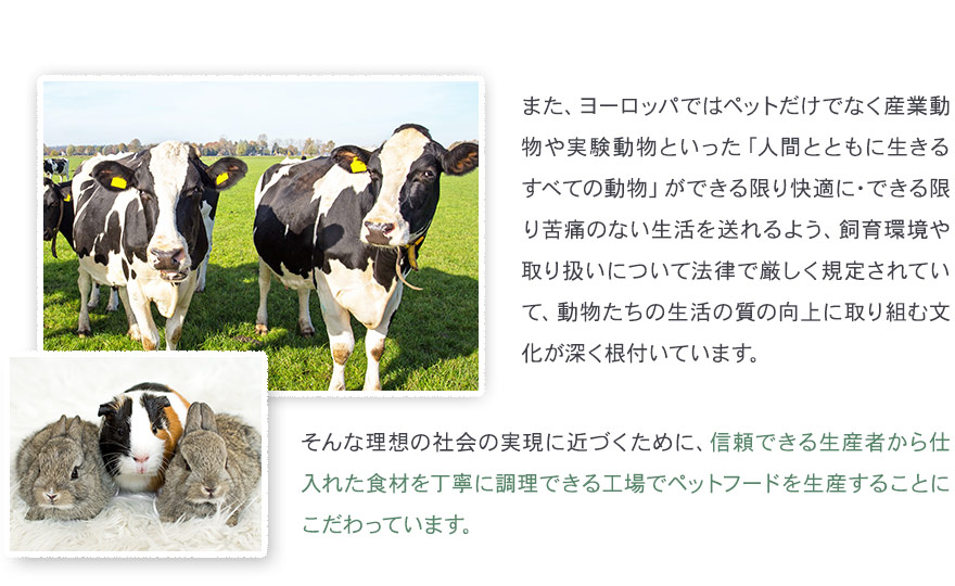 信頼できる生産者から仕入れた食材を調理できる工場で、ペットフードを生産することにこだわっています。